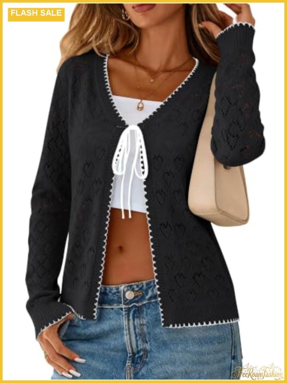 Biodeer Open Front Tie Cardigan Heart Pointelle Knit Crop Sweater Top